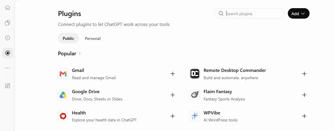 ChatGPT Plugins page with the Add button above the plugin directory