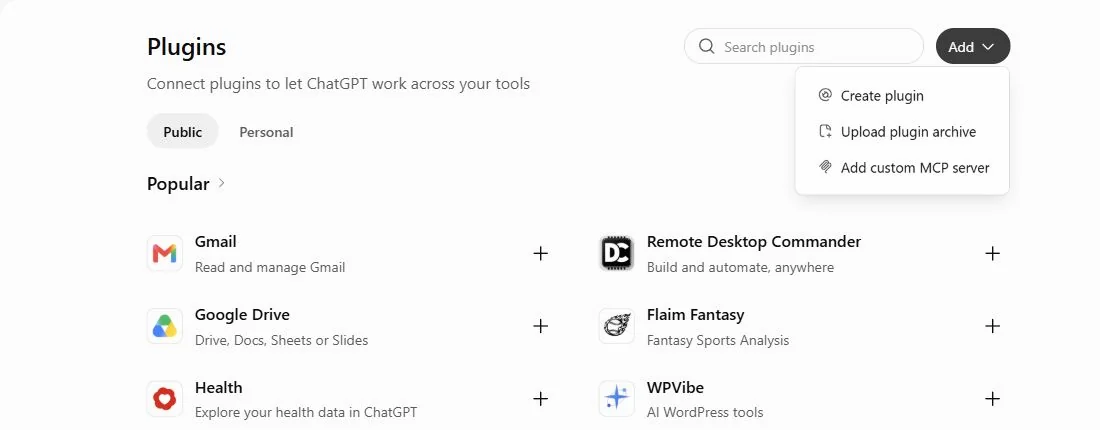 The Add menu showing Add custom MCP server