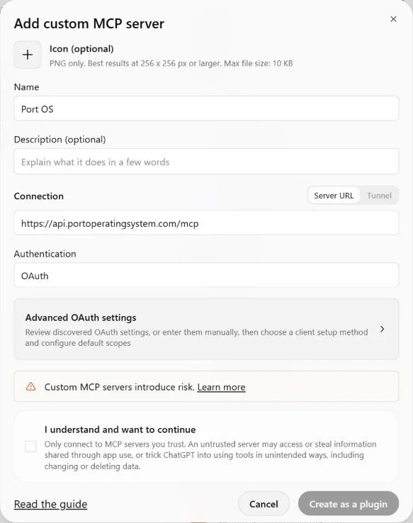 Custom MCP form filled with Port OS, its public MCP URL, and OAuth authentication