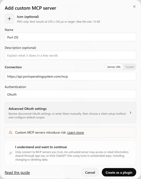 The completed form with the acknowledgement checked and Create as a plugin available