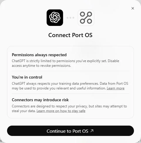 ChatGPT’s Connect Port OS dialog with Continue to Port OS