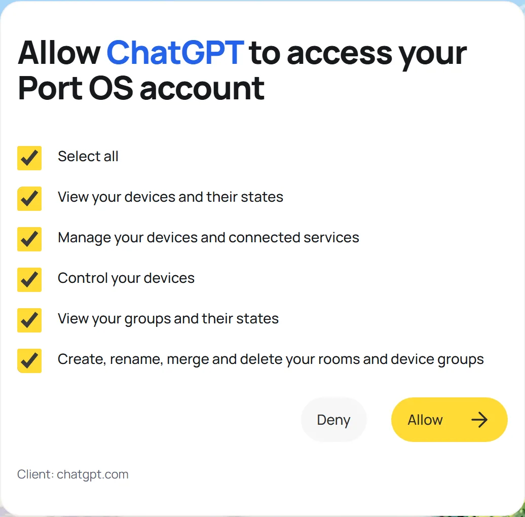 Example Port OS consent screen showing ChatGPT, requested permissions, Deny, and Allow