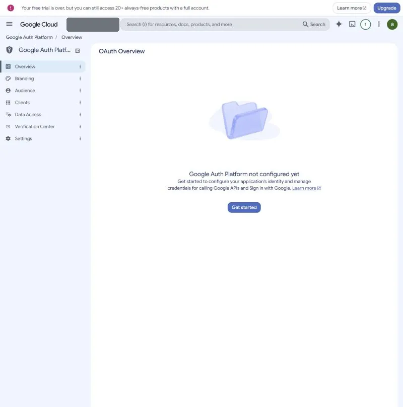Google Auth Platform overview with the Get started button
