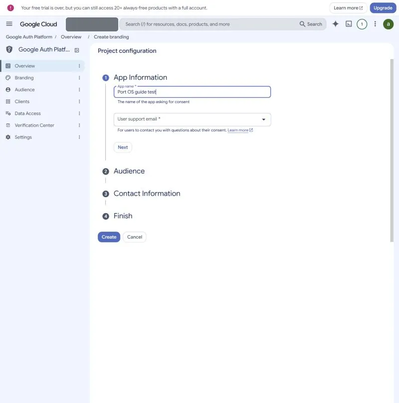 The App Information step with the app name filled in and the user support email list