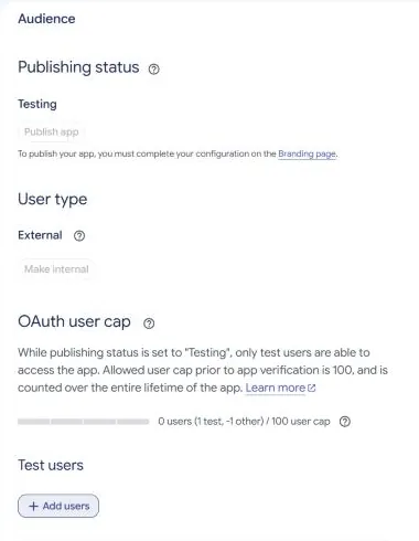 The Audience page with the Add users button under Test users