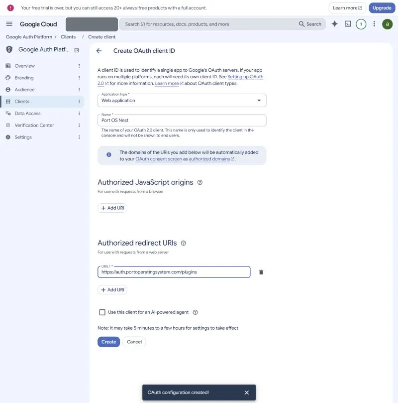 The Create OAuth client ID form with Web application selected and the Port OS redirect URI entered