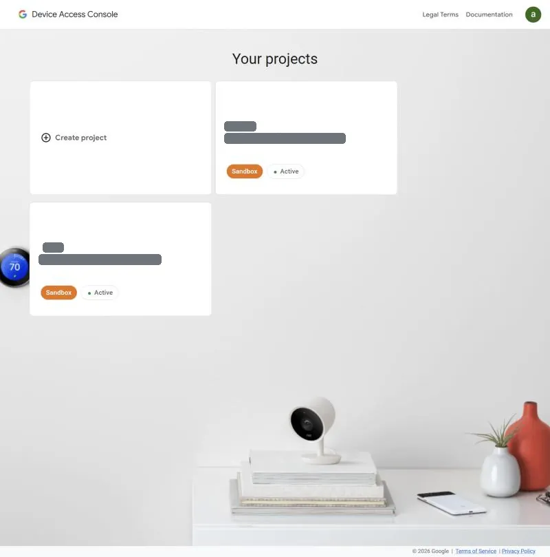 The Device Access console Your projects page with the Create project card