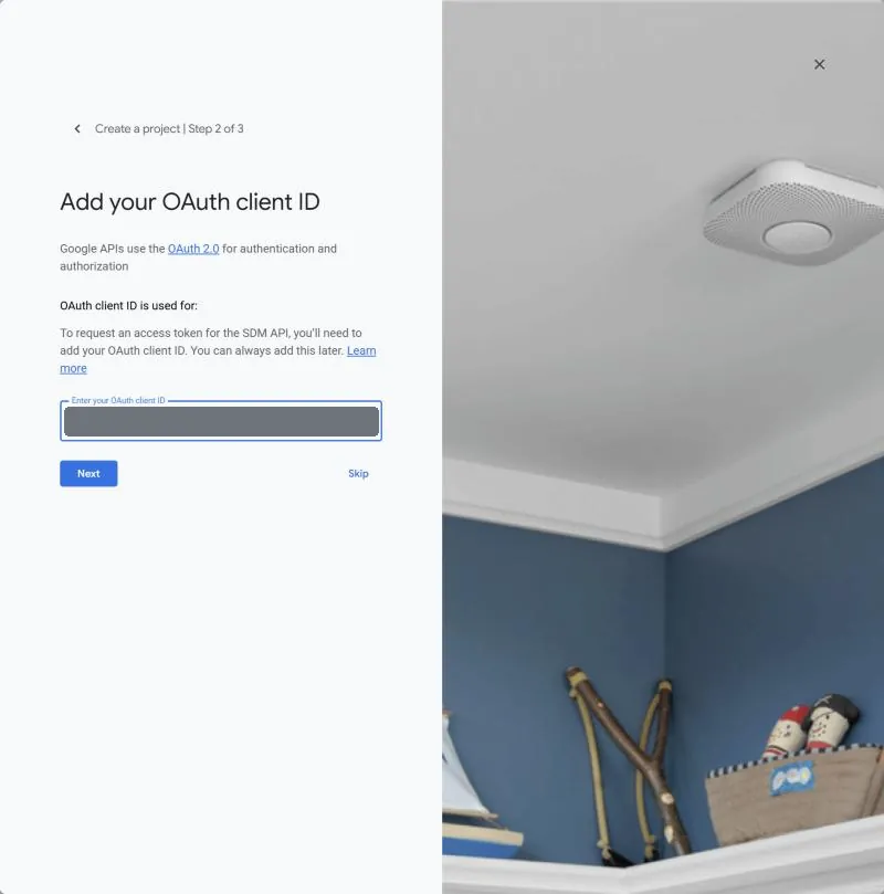 Step 2 of 3, the OAuth client ID field; the client ID is hidden in this example