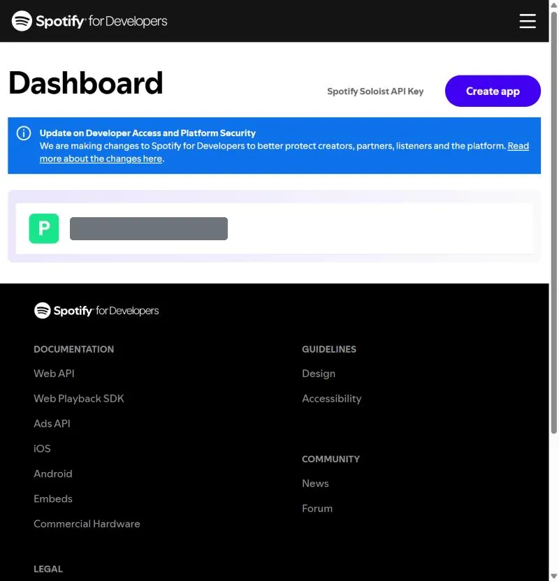 Spotify for Developers dashboard with the Create app button