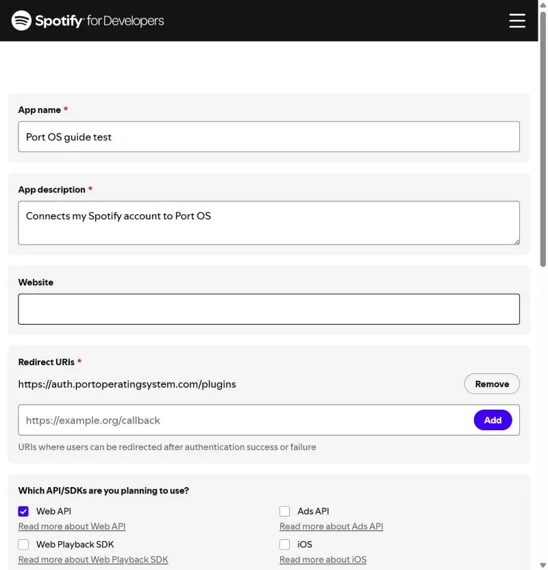 The Spotify Create app form with the app name and description filled in