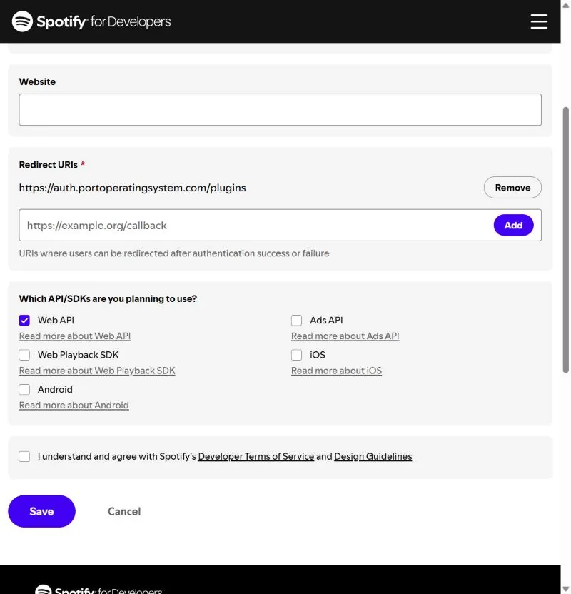 The Redirect URIs list showing the Port OS redirect URI, with Web API ticked