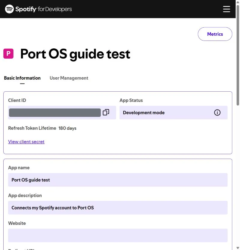 App settings showing the Client ID field and the View client secret link; the client ID is hidden in this example